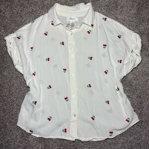 White Button-Up Shirt with Cherry Print